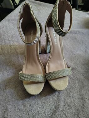 Madden Girl Nude/Beige Rhinestone Block Heel Sandals